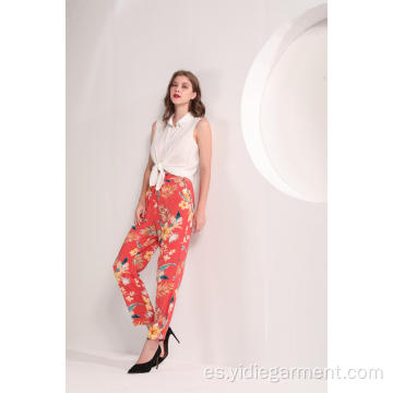 Pantalones de tobillo con estampado floral tropical para mujer